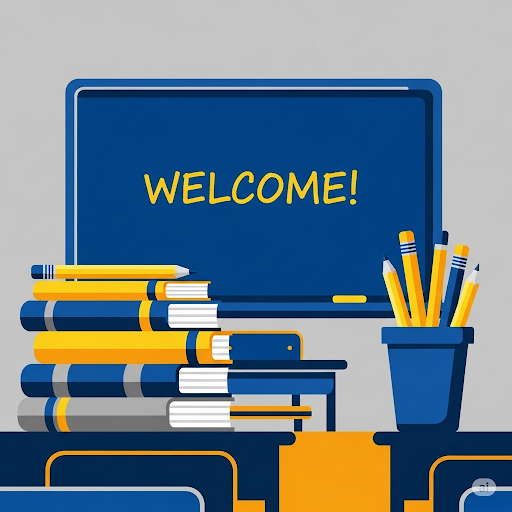  Una pizarra con WELCOME! escrito, rodeada de pilas de libros y lápices, simbolizando la educación básica.