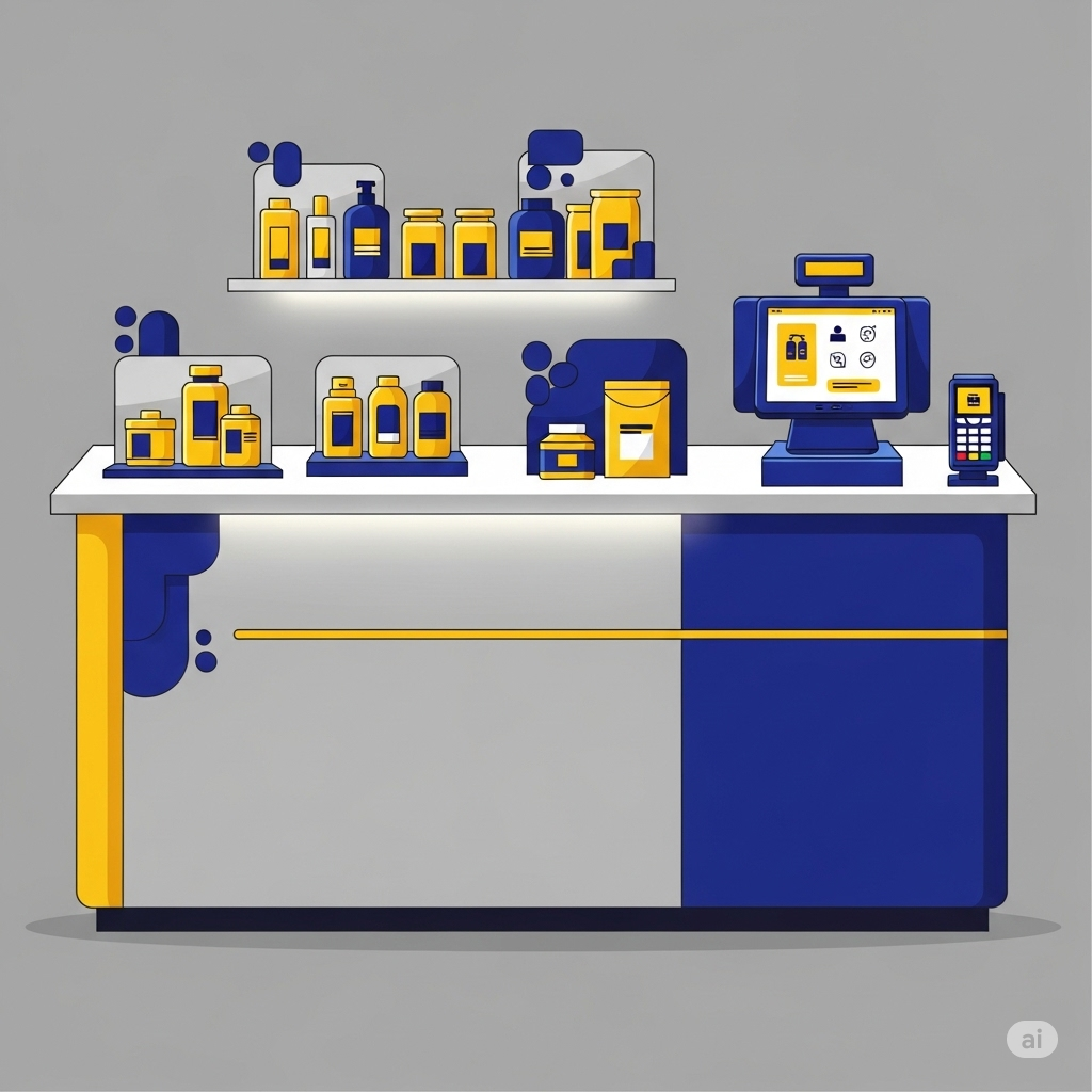 Un mostrador de venta al por menor con varios productos, una computadora para ventas y un terminal de pago, representando ventas y comercio.