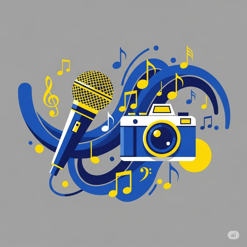  Micrófono y cámara rodeados de notas musicales, simbolizando el arte y la comunicación.