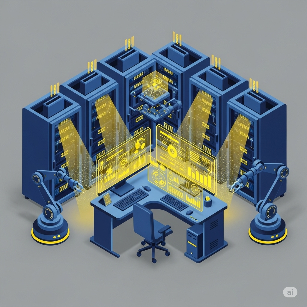 Imagen de Servidores de datos, brazos robóticos y un escritorio con computadoras mostrando datos, ilustrando tecnología y computación.